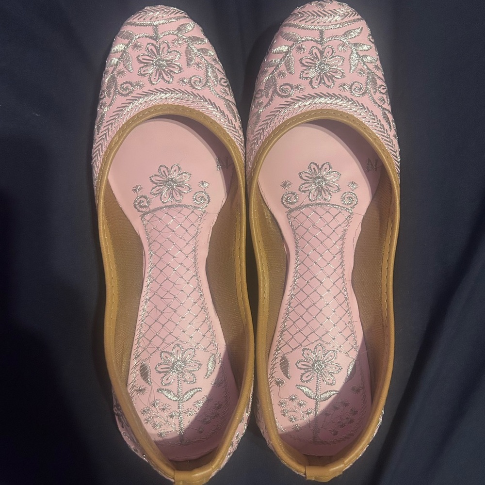 Elegant Pink and Silver Embroidered Flats